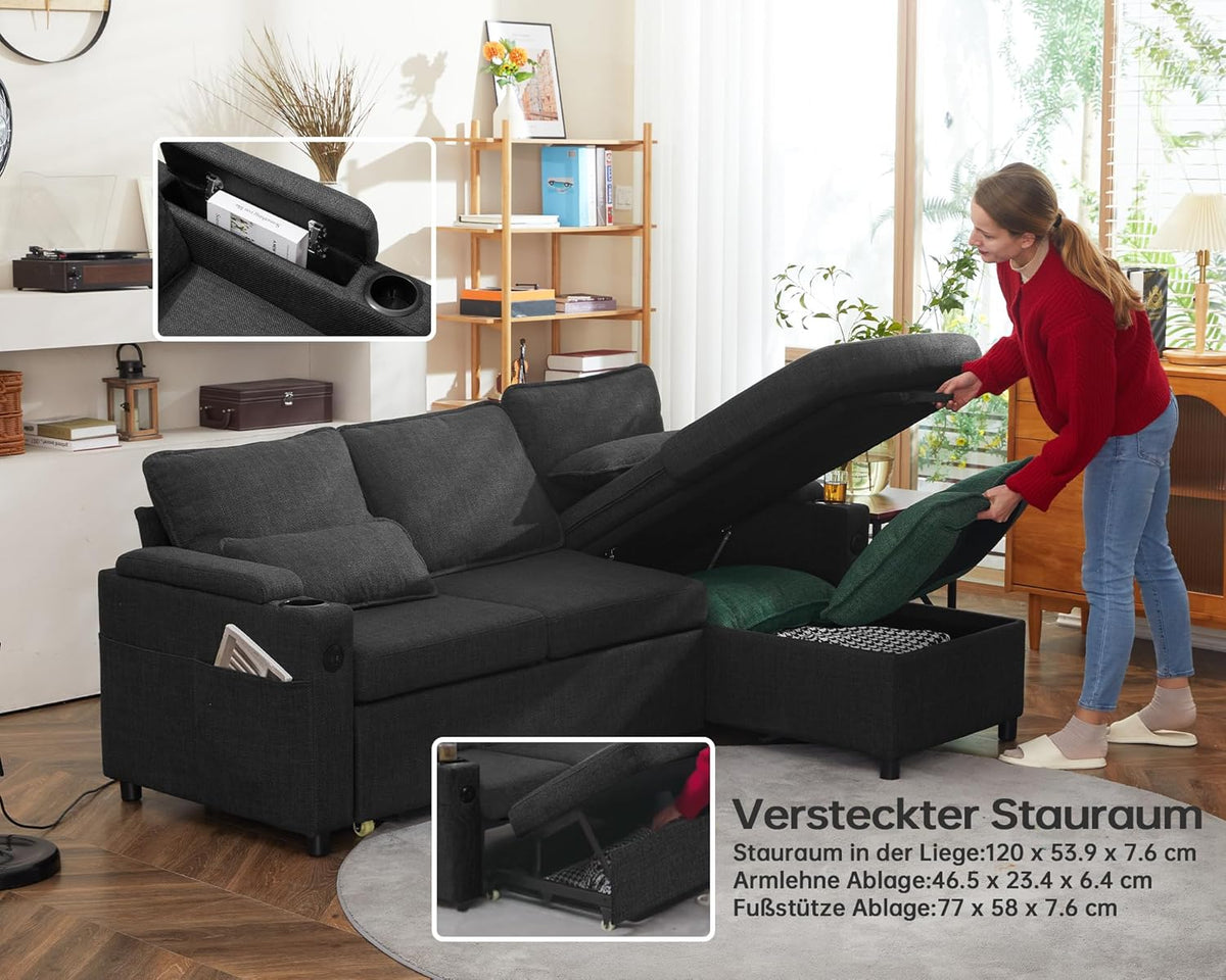 DURASPACE Sofá cama extraíble 2 en 1, sofá seccional con almacenamiento, USB, portavasos, función de dormir y arcón, sofá esquinero con espacio de almacenamiento para apartamento, sala de estar (gris oscuro)