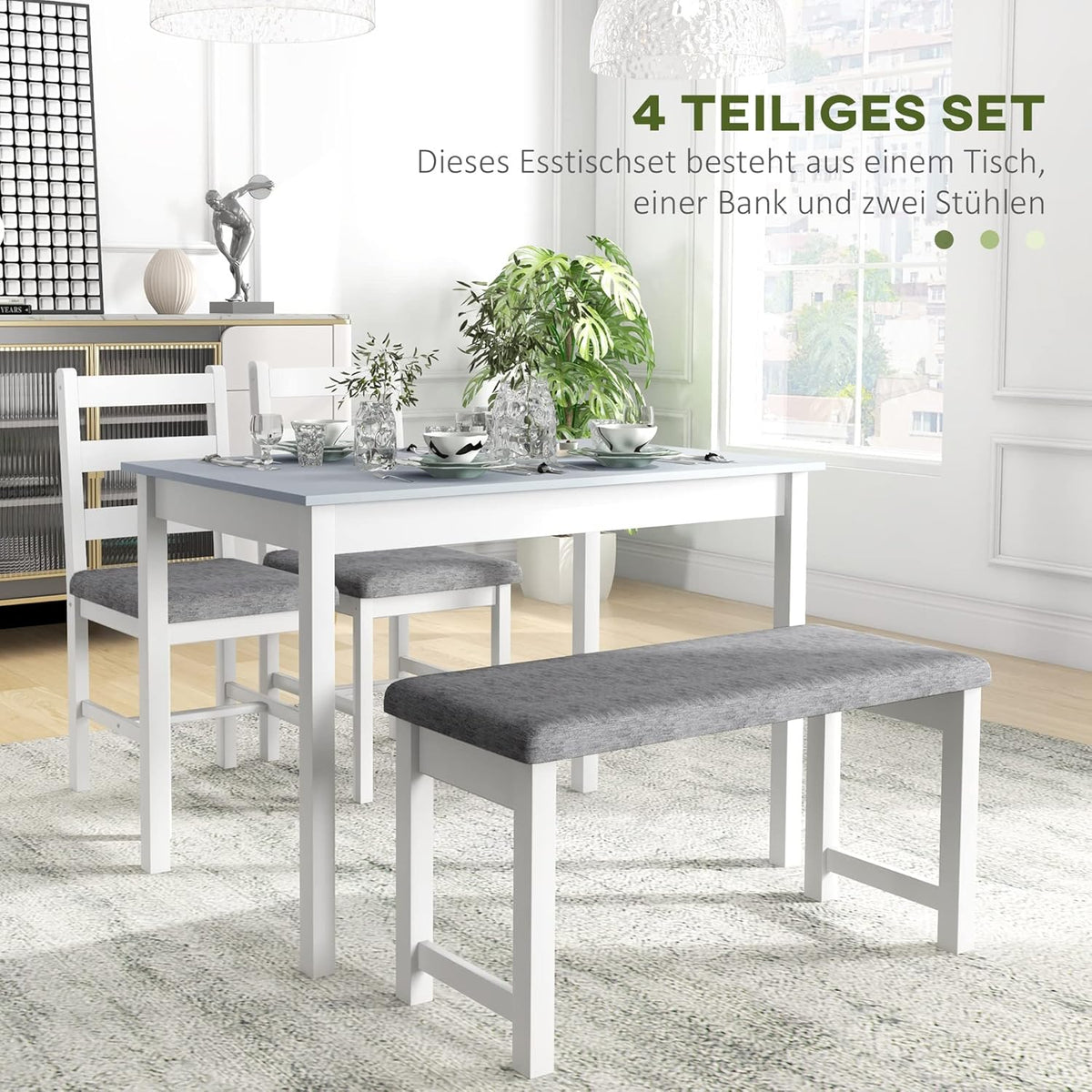 HOMCOM Juego de comedor con mesa, 2 sillas y 1 banco, conjunto de comedor de madera maciza que ahorra espacio, con cojines, set de mesa de cocina para comedor y cocina, gris y blanco