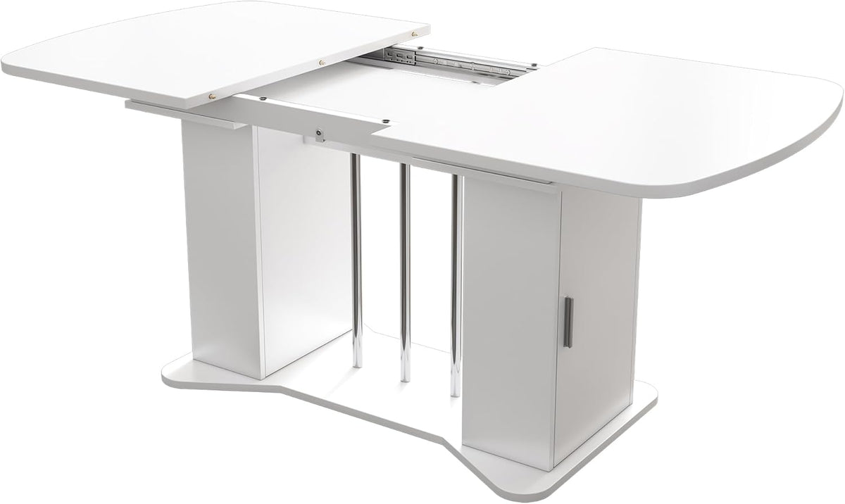 Mesa de comedor extensible moderna Bladez con espacio de almacenamiento, 120-160 cm x 80 cm, MDF en blanco, patas de metal plateado, mesa de cocina multifuncional para 4-8 personas, mesa de comedor