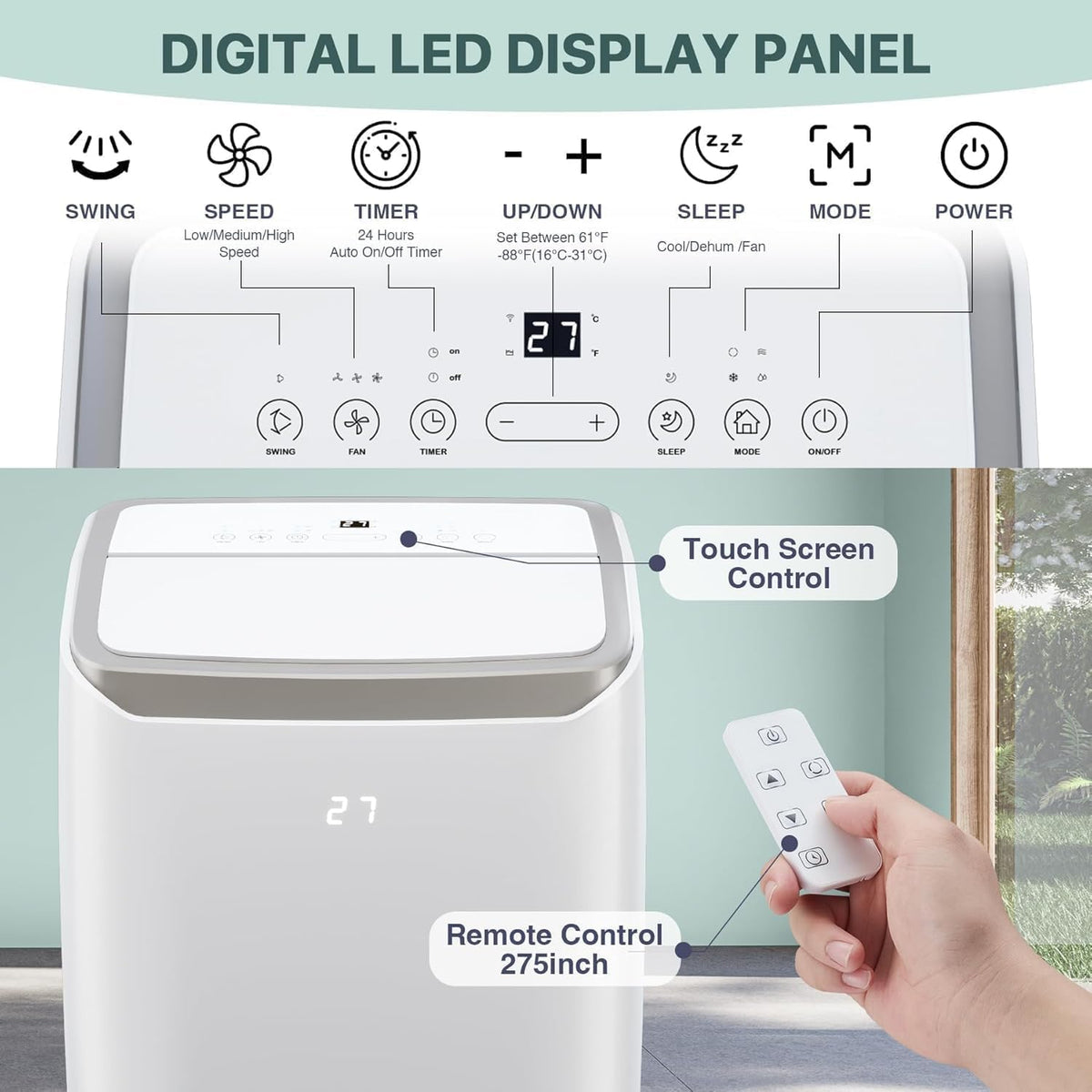 Aires acondicionados portátiles, AC portátil de 12000 BTU para habitaciones de hasta 550 pies cuadrados, AC 3 en 1 con enfriamiento rápido, deshumidificador y ventilador de tres velocidades, temporizador de 24 h/control remoto/ultra silencioso para