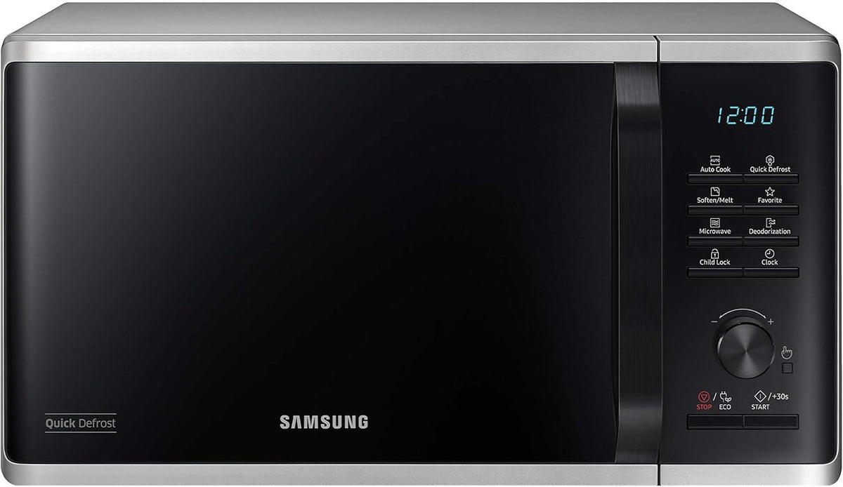 Microondas Samsung MS2AK3515AS/EG, 800 W, capacidad de 23 l, 48,9 cm de ancho, interior de esmalte cerámico resistente a los arañazos, programas de descongelación QuickDefrost, plateado