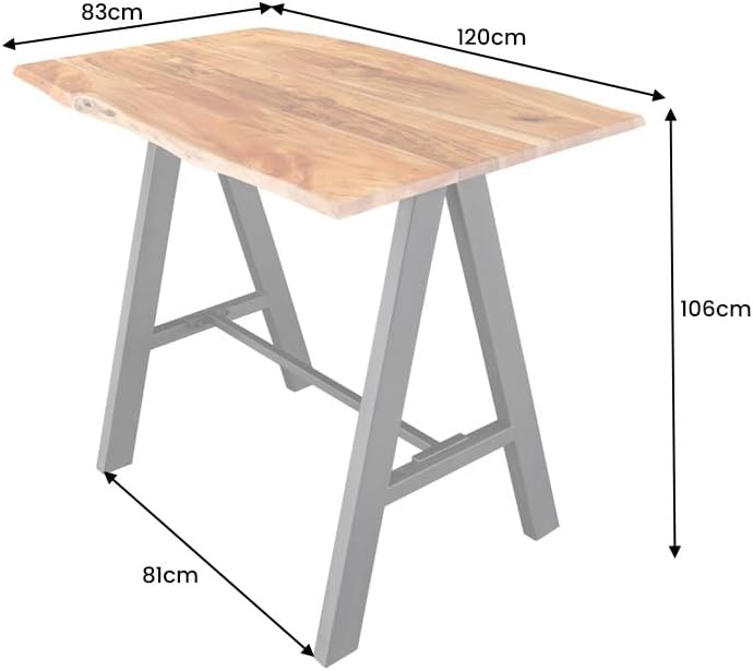 Mesa de bar de madera maciza Riess Ambiente Mammut 120 cm, acacia natural con borde vivo, metal negro con reposapiés, mesa de cocina, mostrador de cocina, mesa alta rectangular