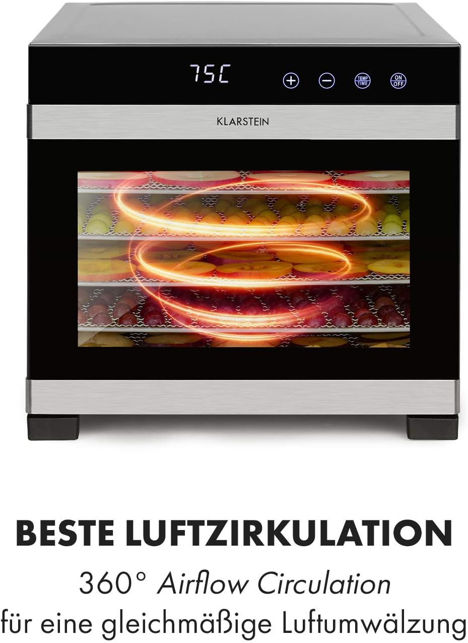 Deshidratador de alimentos Klarstein Flavour Dry con carcasa de acero inoxidable, 6 bandejas, pantalla táctil LCD, temporizador, circulación de aire de 360°, termostato digital, 35-75 °C