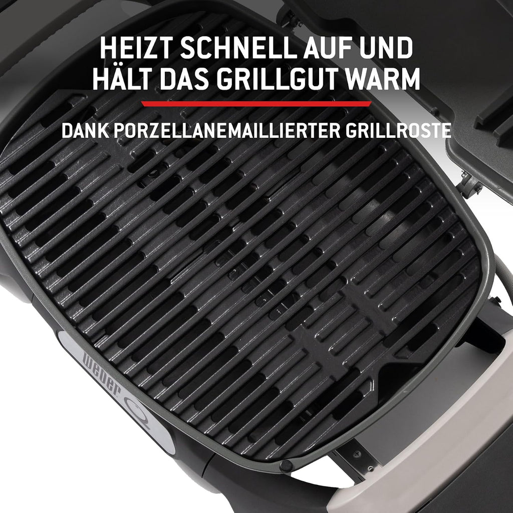 Barbacoa de gas Weber Q 1100N/Barbacoa portátil y ligera para camping, terrazas y balcones con quemador de alto rendimiento, parrillas de hierro fundido vitrificado y encendido electrónico, negro medianoche