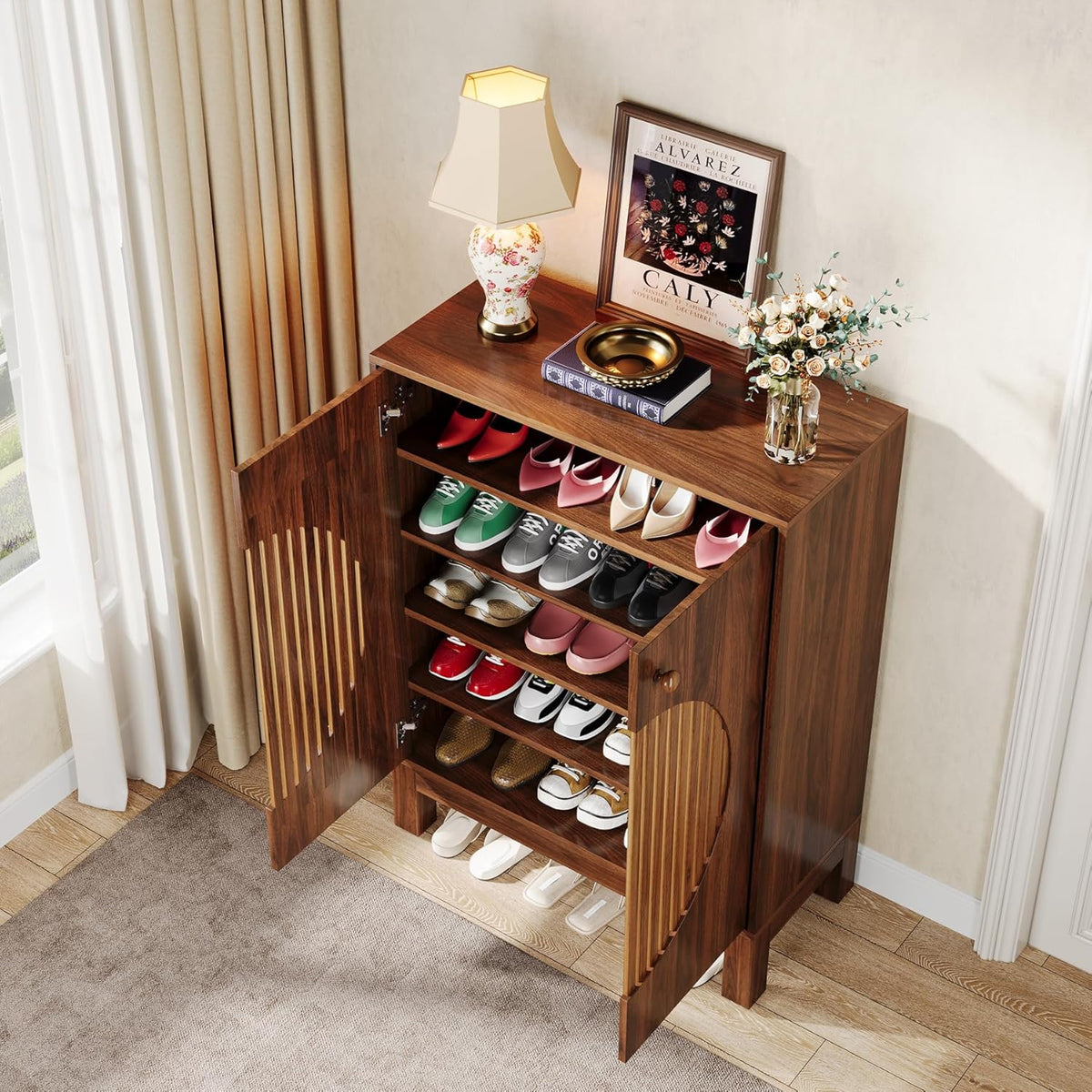 Tribesigns zapatero, estante para zapatos de 5 niveles, mueble zapatero estrecho con puertas de lamas, 20 pares, con estantes ajustables, organizador de madera para entrada, pasillo, salón (marrón)