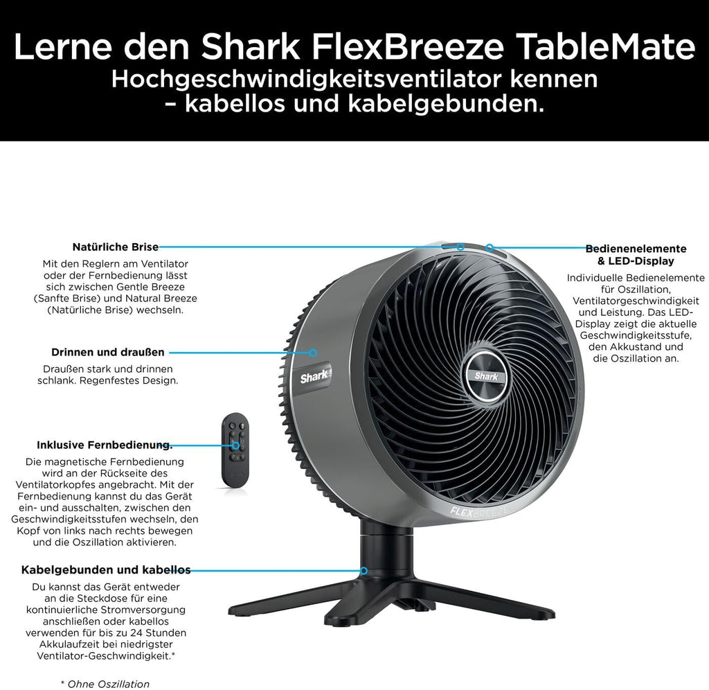 Ventilador Shark FlexBreeze silencioso, ventilador híbrido con y sin cable, portátil, para interiores y exteriores, resistente a los rayos UV y al agua, ultra potente, ultra silencioso, blanco FA220EU