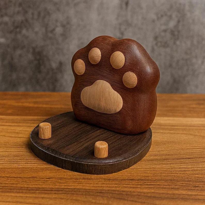 Soporte de madera hecho a mano para teléfono móvil con diseño de huella de perro, organizador de escritorio, madera natural