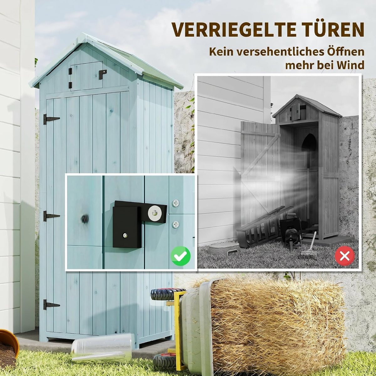 Armario de jardín Outsunny de madera, cobertizo resistente a la intemperie 77x54,2x179cm, caseta con puerta, techo a dos aguas, armario con estantes, armario para herramientas, cobertizo para jardín, terraza, azul claro+verde