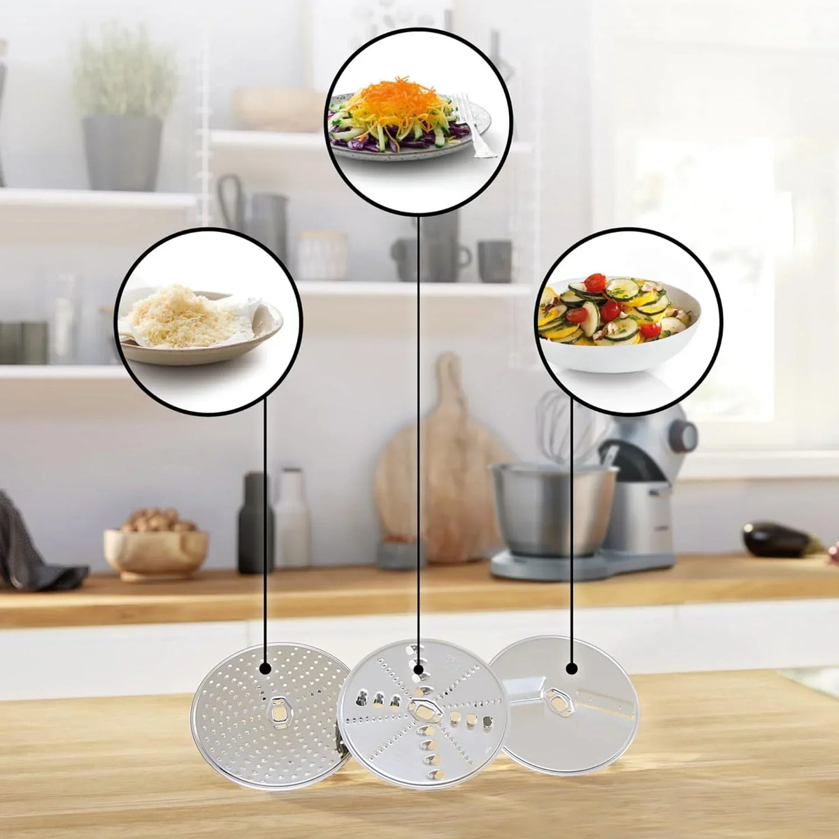 Procesador de alimentos Bosch Serie 4 MUM56340, bol de 3,9 L, batidora de 1,25 L, picadora de carne, exprimidor, sistema de mezclado planetario, gancho para amasar, varillas batidoras y mezcladoras, cortador-rallador, 3 discos, 900 W, plata/gris