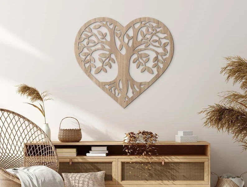 Decoración de pared 3D de madera Árbol de la vida con corazón, HDF, 32,5-97,5 cm, madera natural