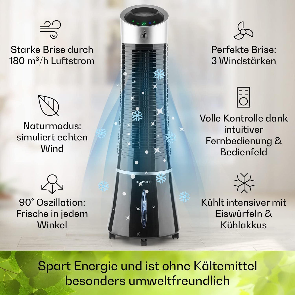 Klarstein 4 en 1: Enfriador de aire inteligente, ventilador, humidificador e ionizador I Depósito de agua de 6 L, oscilación, 30 W, 210 m³/h, temporizador I Aire acondicionado sin tubo de escape, aire acondicionado portátil, negro-oro rosa