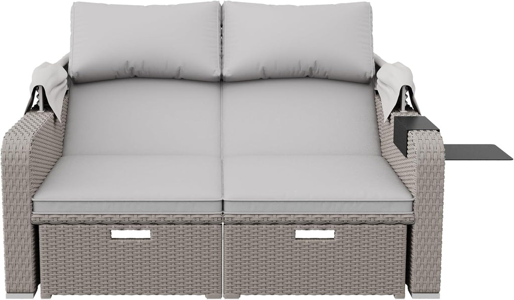 Sofá lounge de poliratán, sofá de jardín de dos plazas con función reclinable, tumbona de jardín con toldo extraíble, sofá lounge tipo cama de día con cojines, caqui