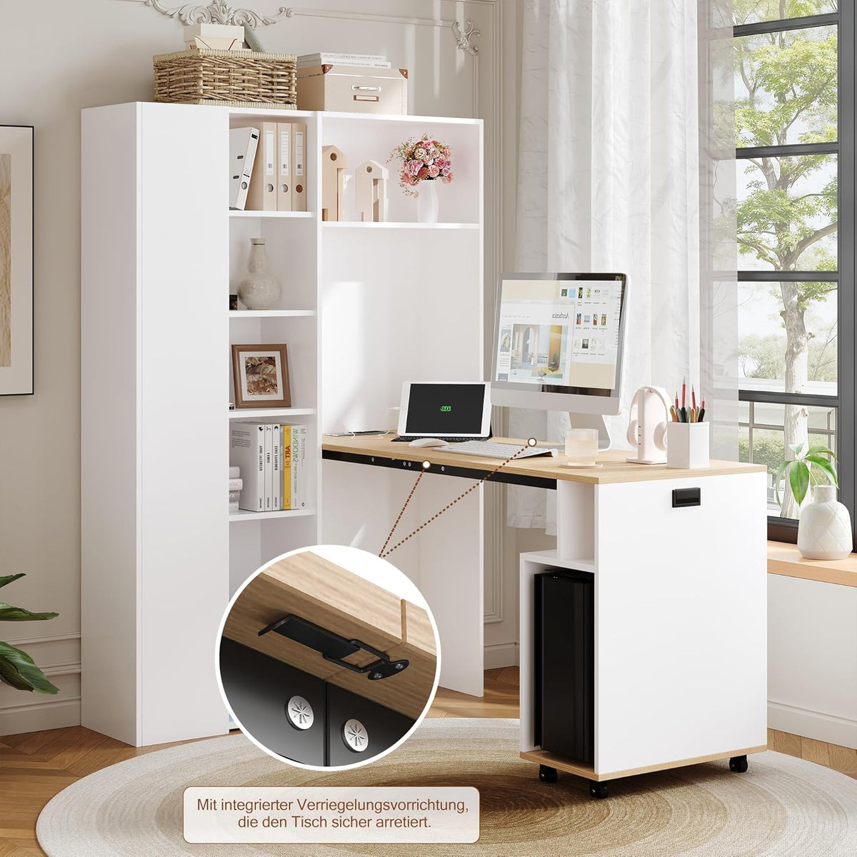 Escritorio plegable 2 en 1 Merax con estantes, toma de corriente y USB, protección antivuelco, escritorio esquinero izquierdo – Oficina en casa, apartamento de estudiantes, ahorro de espacio, funcional, estantería y puesto de trabajo, blanco