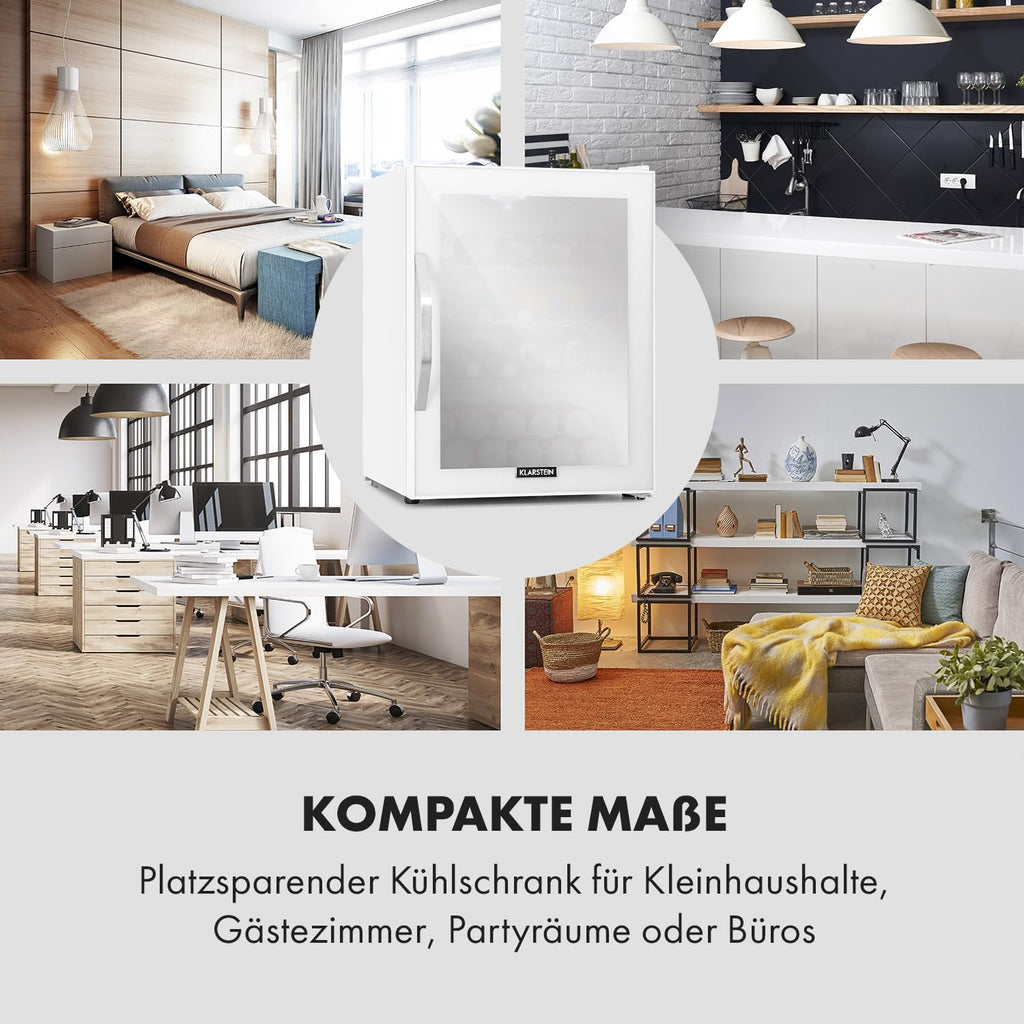 Mininevera Klarstein con puerta de cristal para habitaciones, refrigerador de bebidas con estantes ajustables, pequeño de 80 litros, frigorífico silencioso para interiores/exteriores
