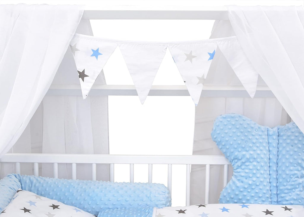 Set completo de cuna Baby Delux, cama casita de 60x120 cm, color blanco, con cajón, barrera anticaídas, colchón, ropa de cama y set de decoración (Prince Stars)