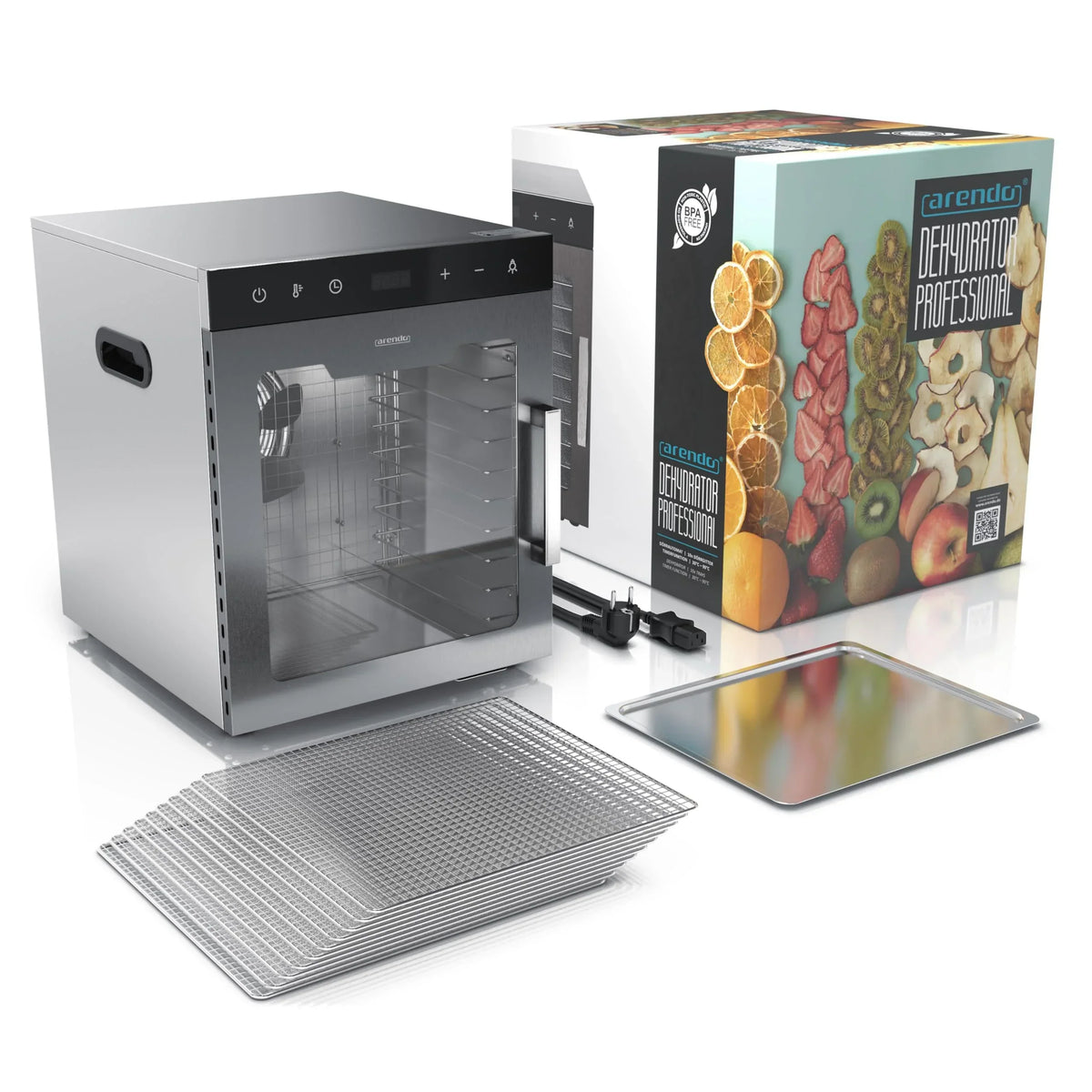 Deshidratador de alimentos de acero inoxidable Arendo, 10 rejillas de acero inoxidable, 800 W, 35-85 °C, 8400 cm², para fruta, carne, setas y mucho más.