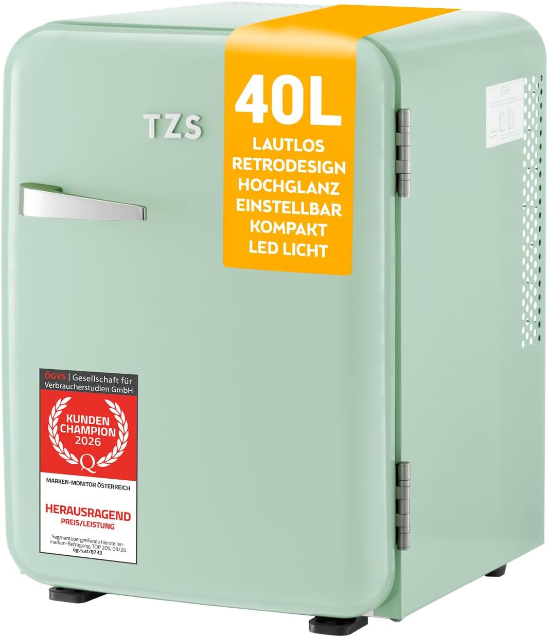 TZS First Austria - Mini nevera retro 40L - Silenciosa - Minibar vintage para dormitorio y oficina - menta