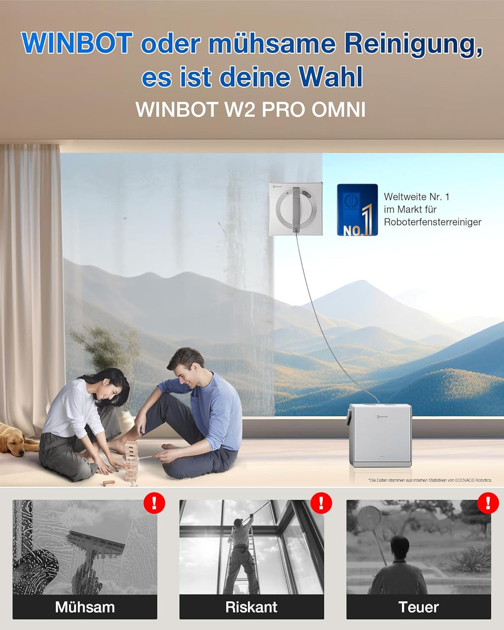 Robot limpiacristales ECOVACS WINBOT W2 PRO Omni con estación multifunción 6 en 1, carga durante el funcionamiento, cabezal de pulverización de 3 boquillas, protección de 12 niveles, planificación de rutas Win-SLAM 4.0, blanco