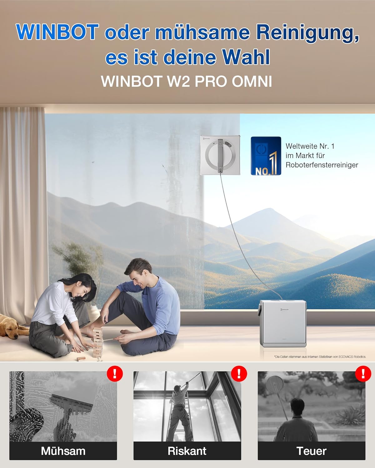 Robot limpiacristales ECOVACS WINBOT W2 PRO Omni con estación multifunción 6 en 1, carga durante el funcionamiento, cabezal de pulverización de 3 boquillas, protección de 12 niveles, planificación de rutas Win-SLAM 4.0, blanco