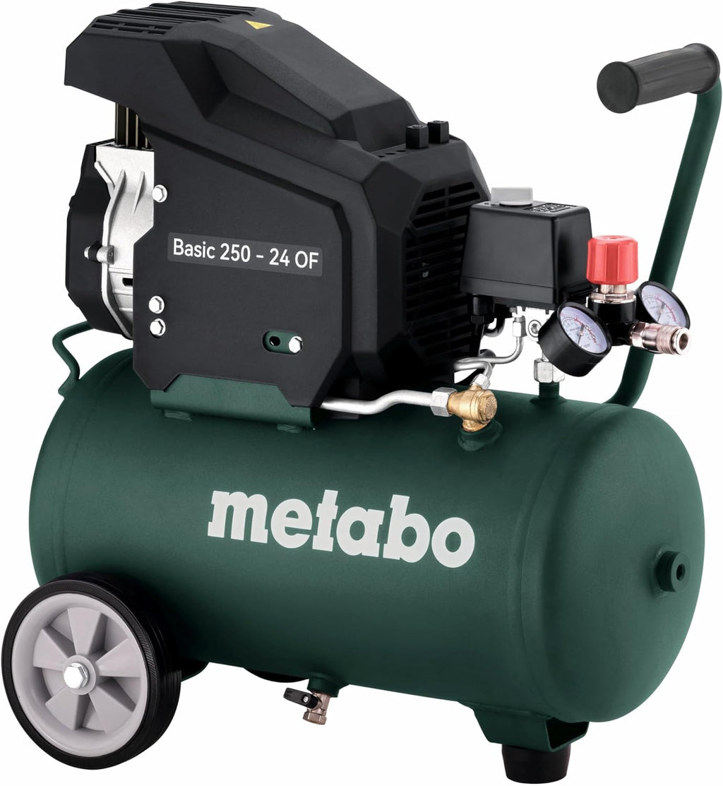 Compresor Metabo Basic 250-24 OF - 120 l/min de capacidad de llenado, 24 l de capacidad de depósito, compresor de aire comprimido móvil de 8 bar, 240 l/min de capacidad de aspiración, 1,5 kW - bajo mantenimiento y sin aceite, para taller y bricolaje