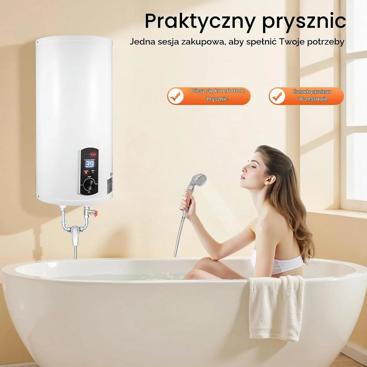 Elektryczny zbiornik ciepłej wody 220 V, zbiornik ścienny, podgrzewacz wody, wskaźnik temperatury, bojler elektryczny 2000 W (biały, 50 l)