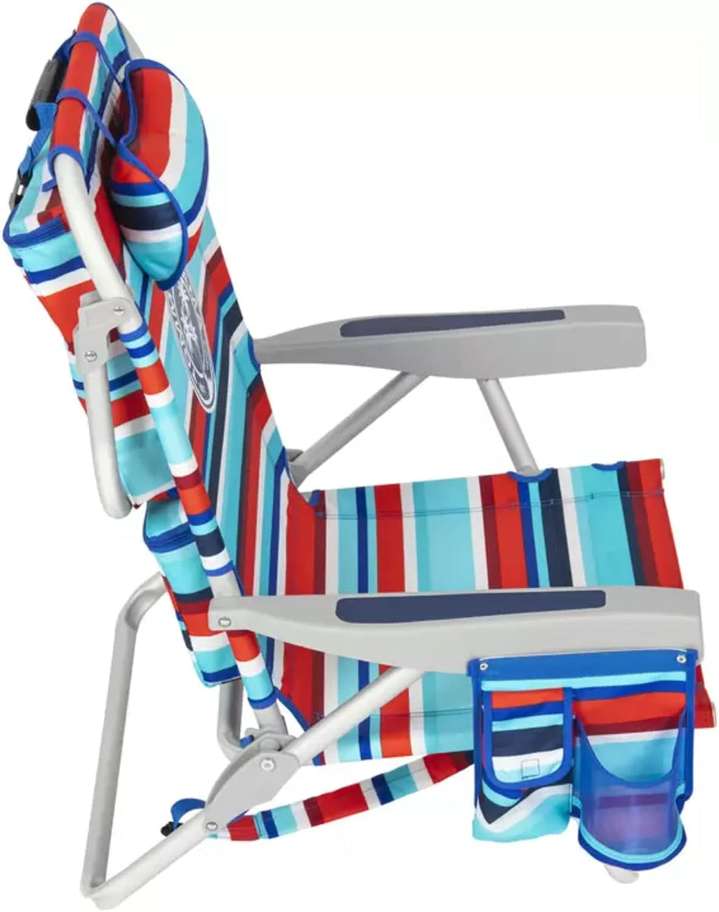 Silla de playa Tommy Bahama modelo 2025. A rayas rojas y azules.