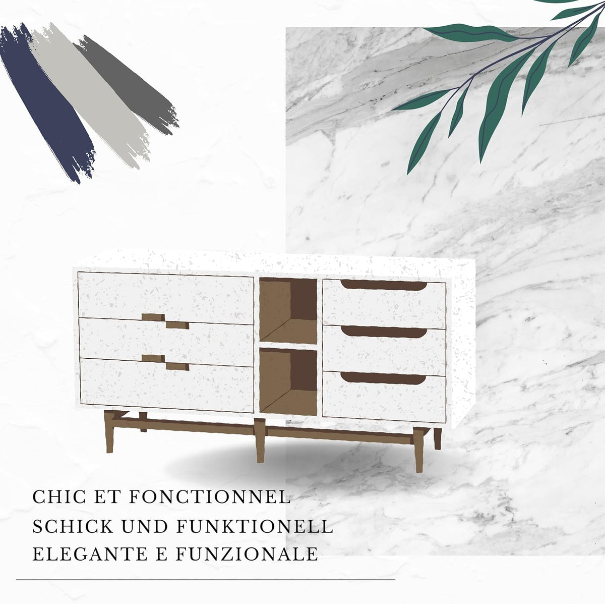 Meble Masztalerz Cómoda con frentes en blanco brillante y 5 cajones de 70 cm, aparador para salón y dormitorio, Al.: 124,5 cm, An.: 70 cm, Pr.: 39 cm - Cómoda con cajones - Cajonera