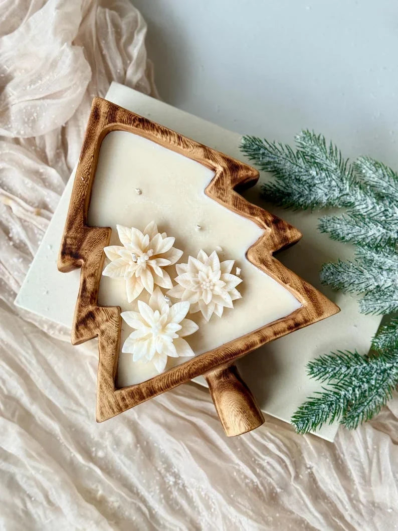 Cuenco de madera en forma de árbol de Navidad con copos de nieve o flor de Pascua, vela de soja, 100% cera de soja natural, mechas de madera, 26 cm x 19 cm