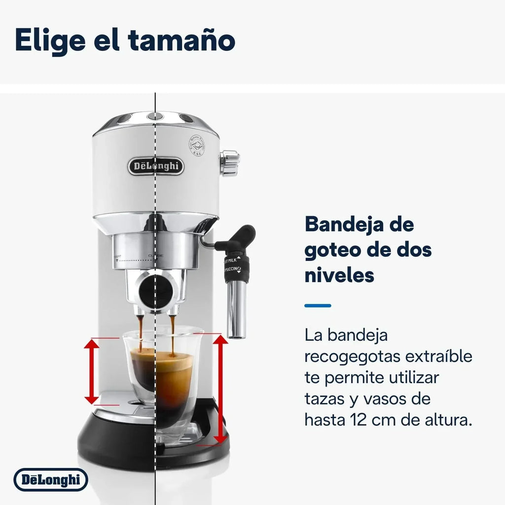 De'Longhi Dedica – Cafetera de bomba de acero inoxidable para café molido o monodosis, espresso y capuchino, depósito de 1,3 litros, sistema antigoteo, modelo EC685.M, color metal