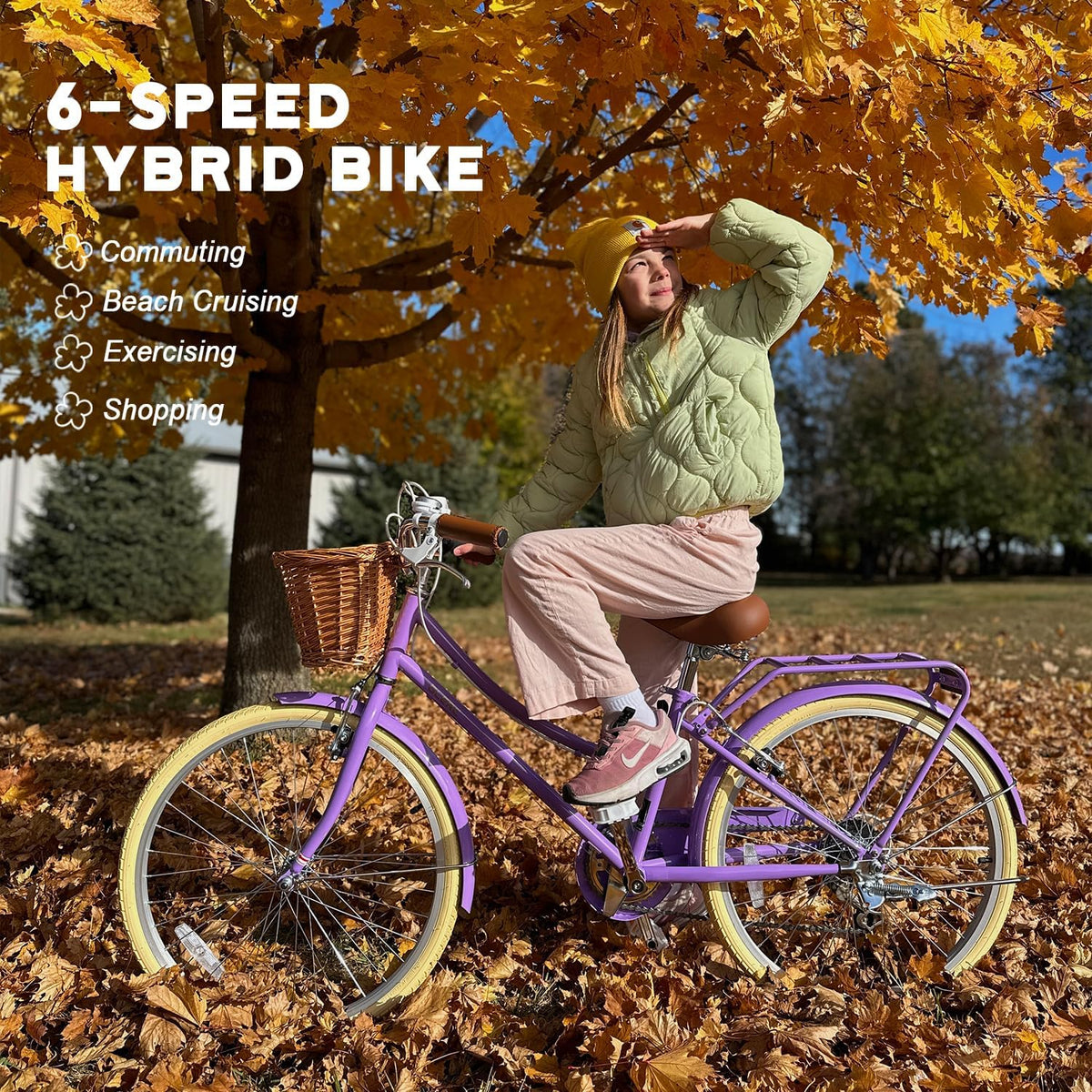 Glerc Missy 20, 24, 26 pulgadas bicicleta híbrida urbana tipo crucero para niñas, de 6 velocidades, con cesta de mimbre, para jóvenes mayores de 6 años, varios colores