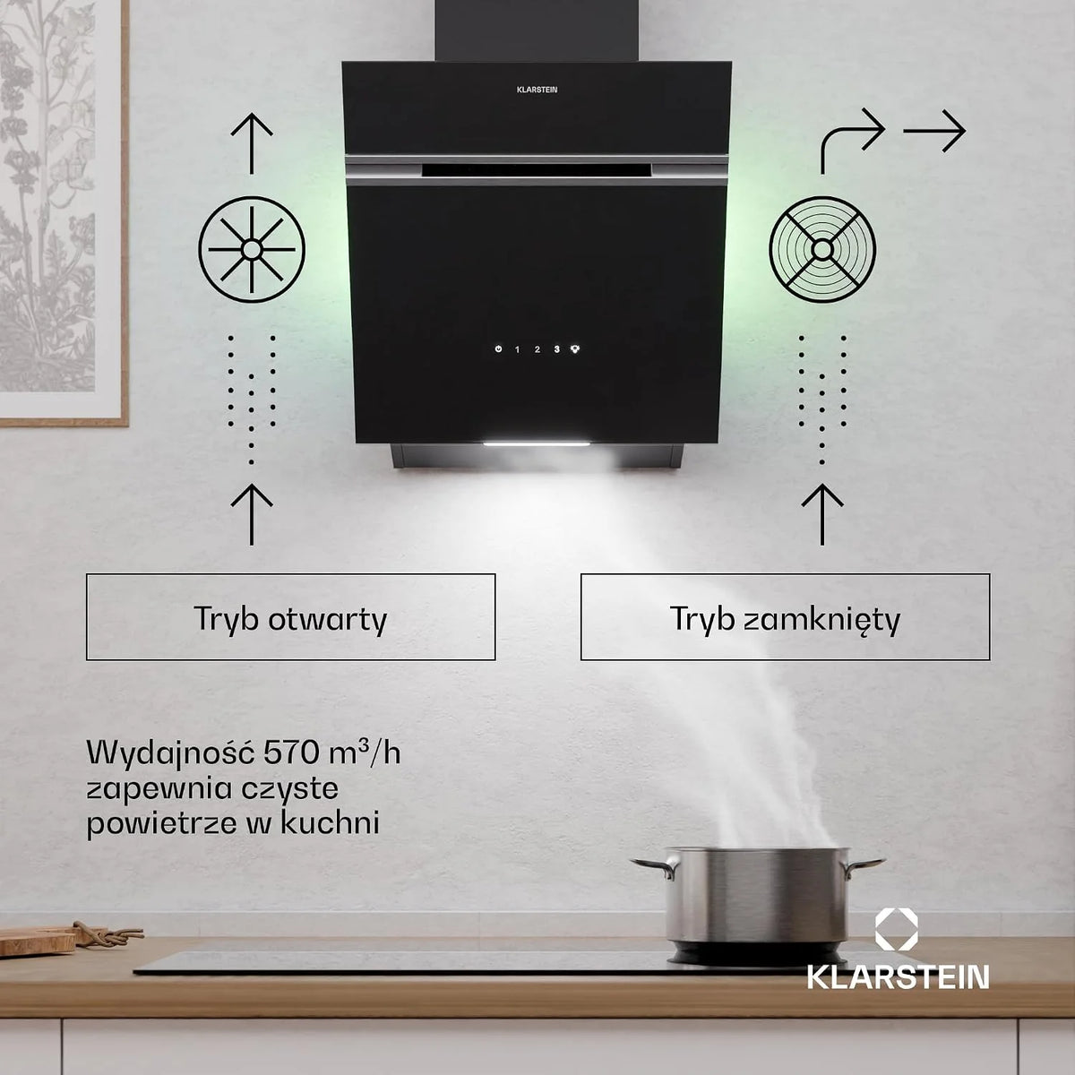 KLARSTEIN Alina Okap kuchenny, 540 m³/h, klasa A, RGB LED, 3 poziomy, sterowanie dotykowe, 60 dB czarny, okap ścienny, tryb recyrkulacji