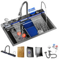 Fregadero de cocina de acero inoxidable 80 x 45 x 22 cm, cubeta individual con indicador de temperatura LED, grifo tipo cascada extraíble y kit de desagüe