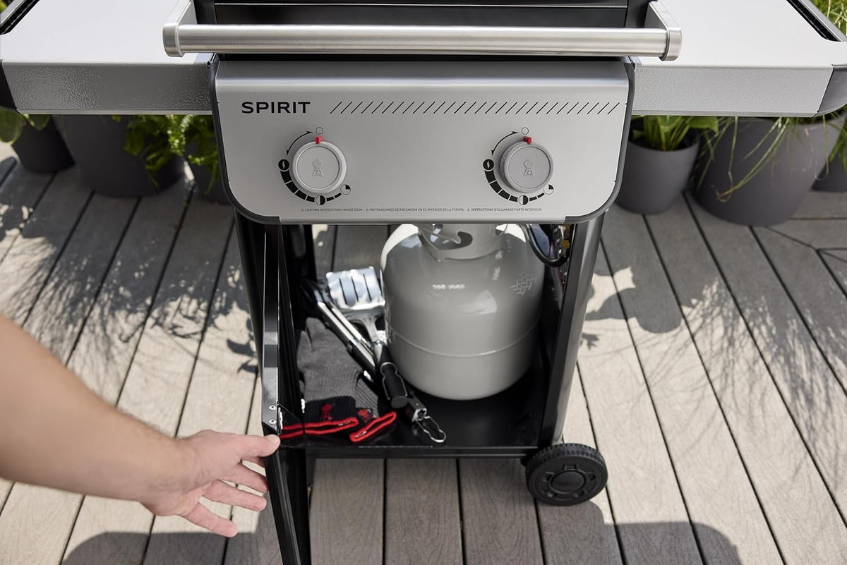 Barbacoa de gas Weber Spirit E-210, 2 quemadores, superficie de cocción 51 x 46 cm, termómetro en la tapa, 2 ruedas, negro/plata (1500838)