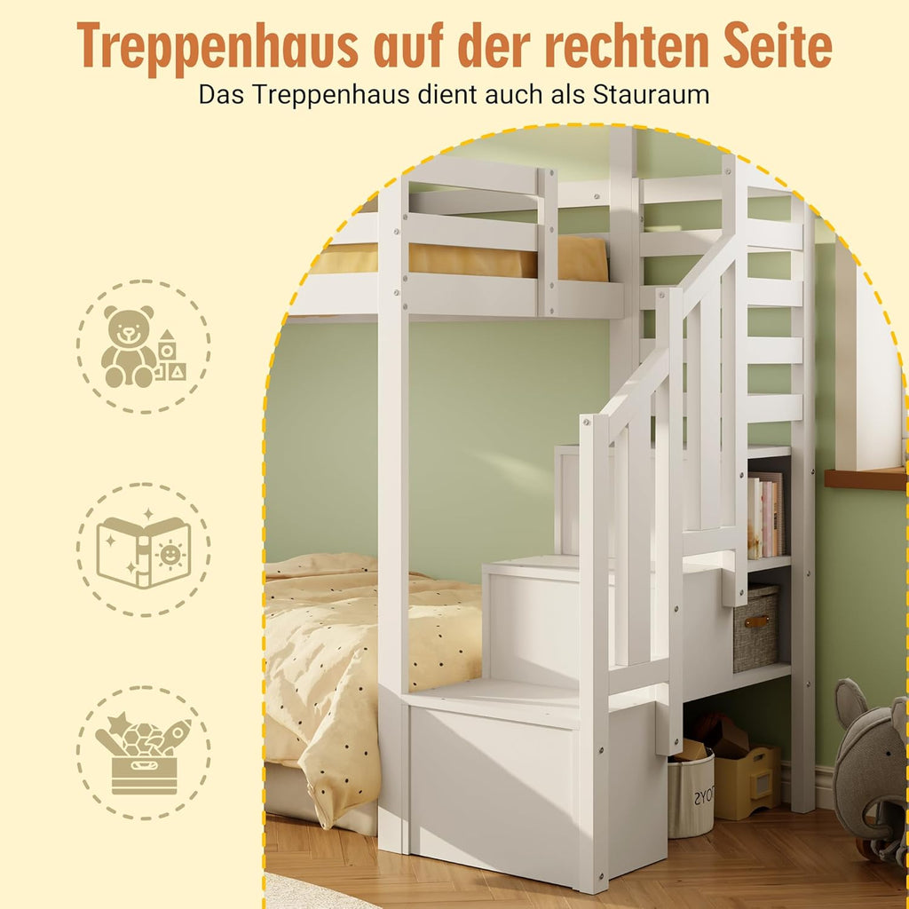 Litera, cama alta, cama infantil 90x200 cm con protección anticaídas y escalera con almacenamiento, cama juvenil, con ventana, madera maciza, blanco