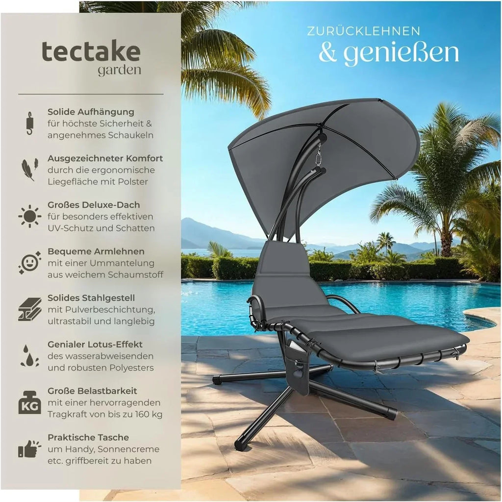 Tumbona colgante con soporte y toldo, hamaca de jardín 405123-3, tumbona relax para exterior con cojín y almohada