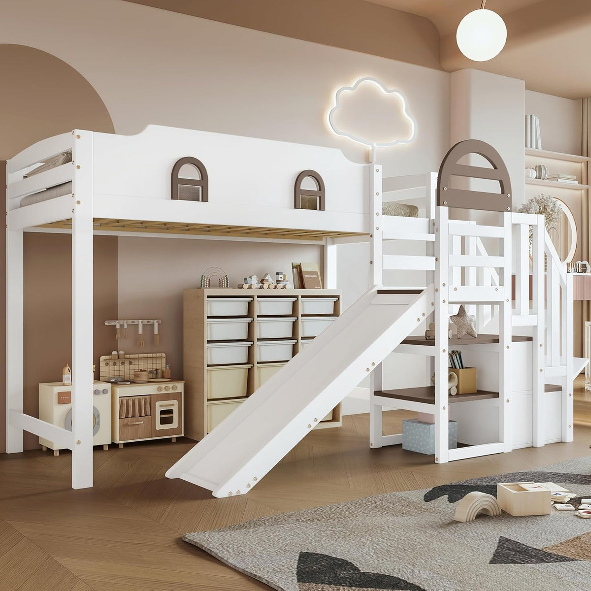 Kinderbett Etagenbett 90x200,Hausbett Hochbett mit Rutsche&Regal&Stauraum Treppe,Bettgestell mit Rausfallschutz&Lattenrost, Funktionsbett Stockbett Spielbett Jugendbett,Kiefernholz,Ohne Matratze,Weiß