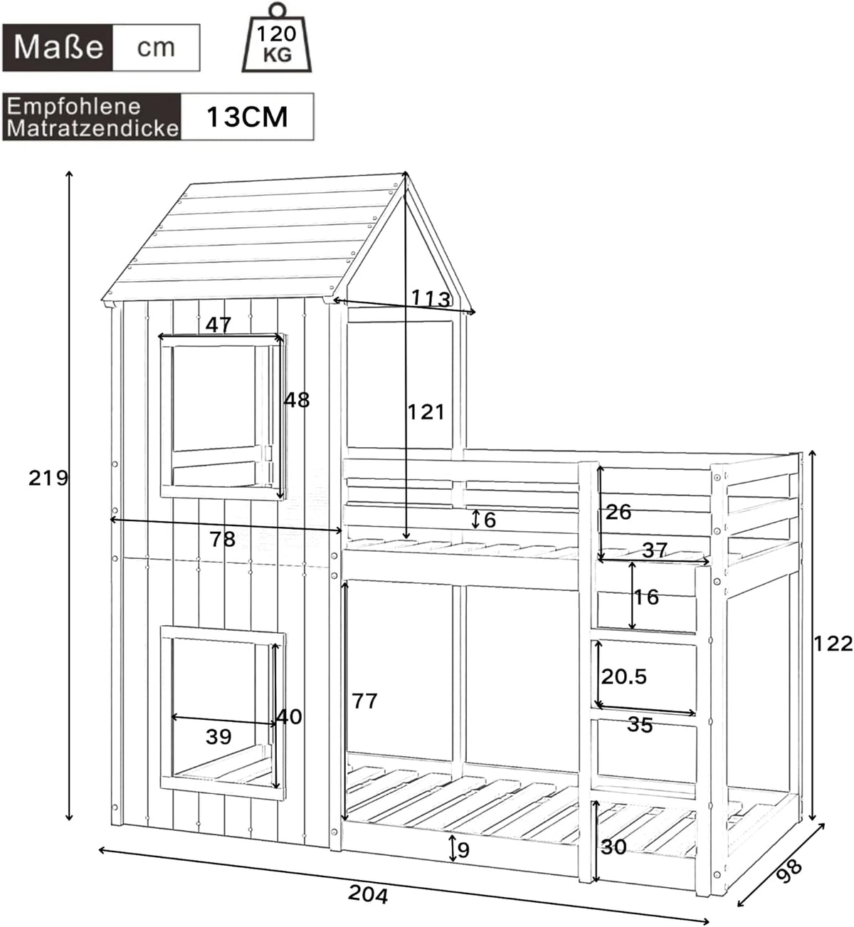 Cama infantil 90x200 cm, litera para 2 niños, cama alta con protección anticaídas, litera en forma de casa del árbol para niños y niñas, cama individual de madera maciza, cama de juegos, sin colchón, gris