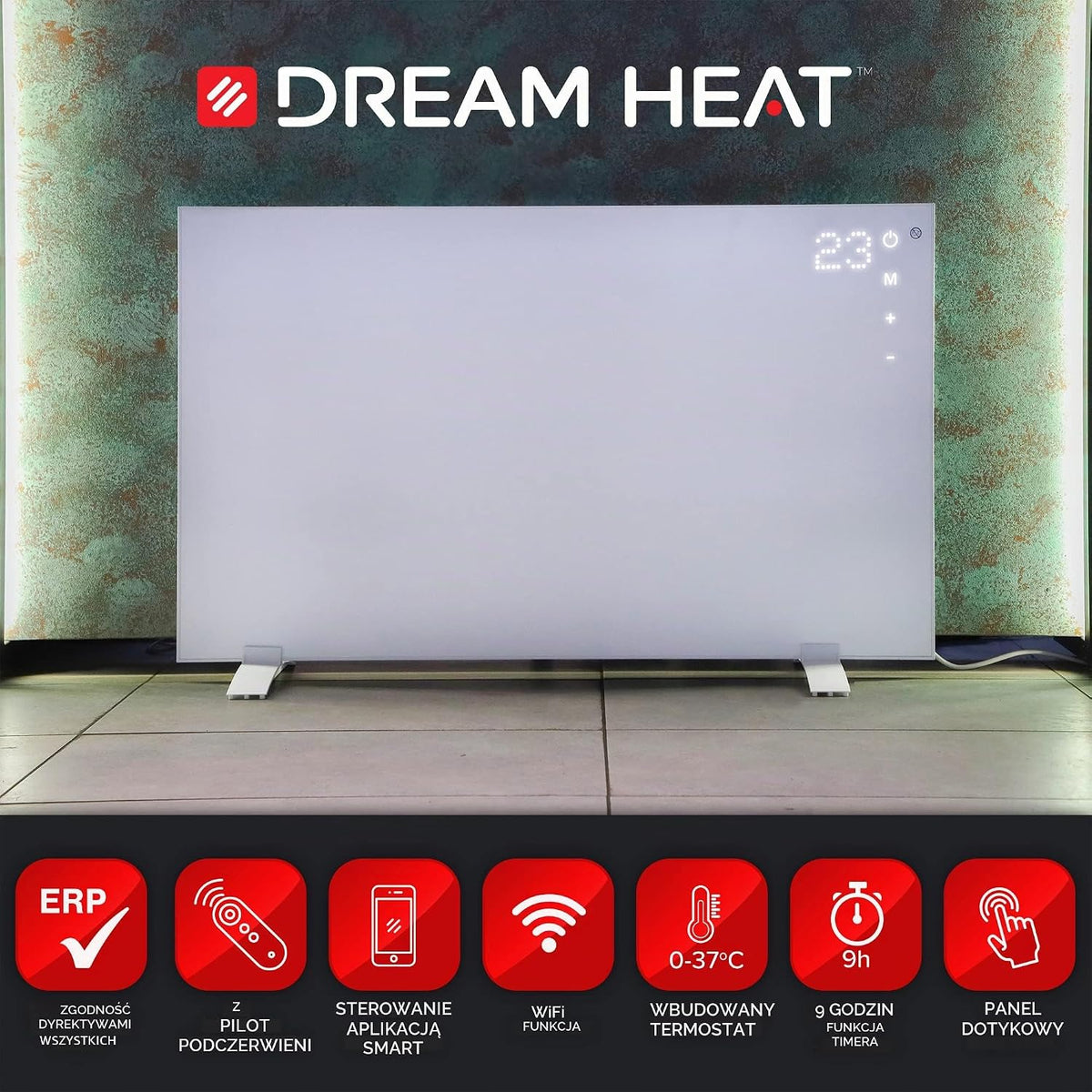 DREAM HEAT Ogrzewanie na podczerwień 720 W z panelem dotykowym, energooszczędne, pilot zdalnego sterowania, WiFi, sterowanie za pomocą aplikacji, funkcja timera, ogrzewanie elektryczne, promiennik,