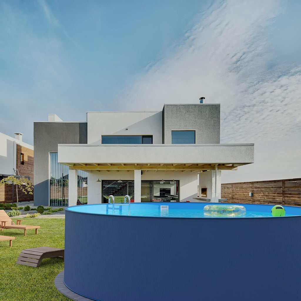 Set de piscina de pared de acero Planet Pool (5 piezas) redondo 350x120 cm, acero 0,4 mm antracita, lámina 0,4 mm azul, solapa de sujeción