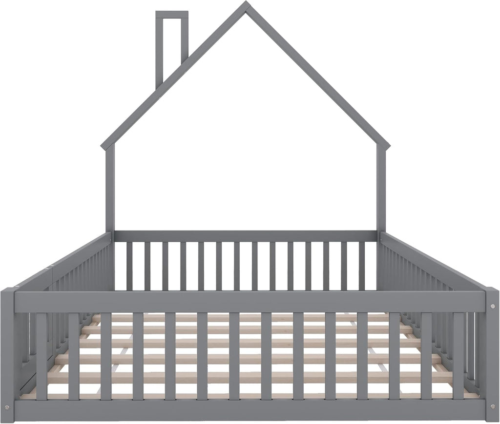 Cama infantil al suelo Merax 140x200 cm, cama casita con protección anticaídas y somier, forma de chimenea, valla abatible - Cama Montessori, cama juvenil, estructura de cama de madera (sin colchón), gris