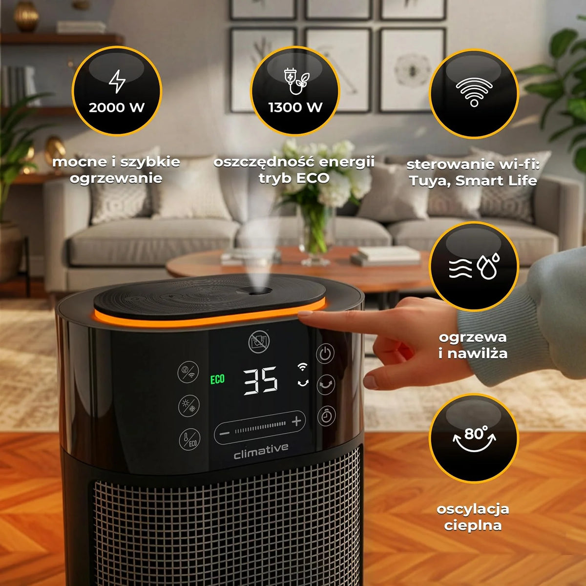 2w1 termowentylator z nawilżaczem 2000W Mistiq WiFi, oscylacja 80°, tryb ECO, timer 24h, energooszczędna elektryczna nagrzewnica PTC do pomieszczeń