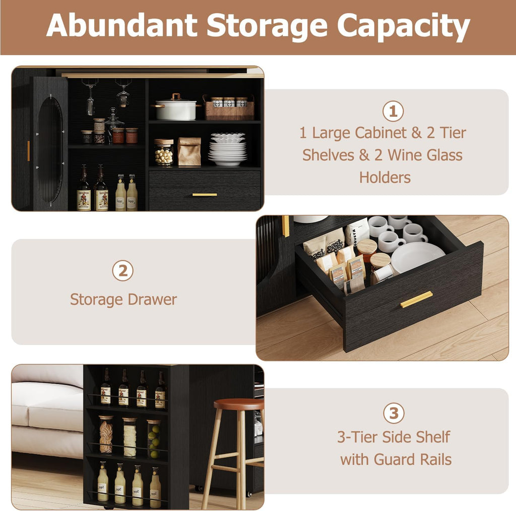 Isla de cocina IBF con asientos, mesa giratoria de 360 grados, isla de cocina con armario de almacenamiento, cajón y estantes, carrito de isla móvil con ruedas para comedor, bar en casa, color negro y roble, 184 cm