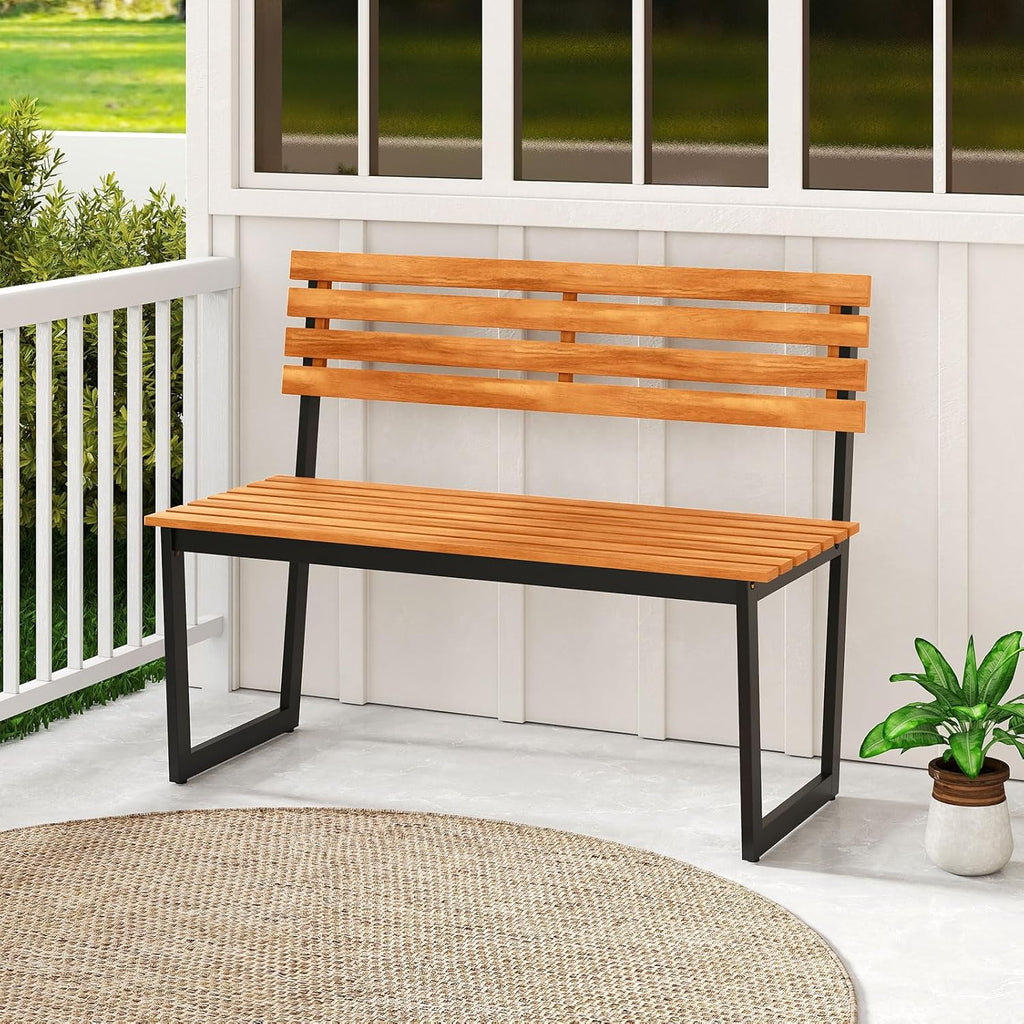 COSTWAY Gartenbank Holz, Holzbank wetterfest, 2-Sitzer Sitzbank aus Akazienholz, Balkonbank mit Metallrahmen, Terrassenbank bis 360 kg belastbar, Parkbank für Garten, Balkon, Terrasse