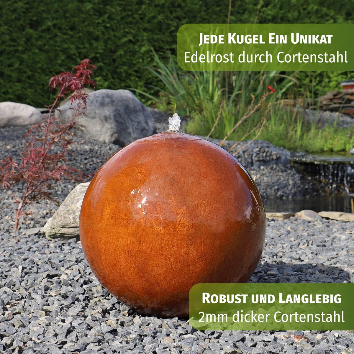 Fuente de esfera de acero corten CLGarden CSB50, fuente de jardín, juego de agua, esfera de óxido, fuente ornamental con iluminación LED