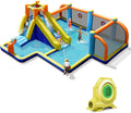 COSTWAY Castillo hinchable con soplador, tobogán acuático, piscina infantil, zona de fútbol, muro de escalada, dos cañones de agua y juego de diana, piscina de juegos 500 x 465 x 200 cm