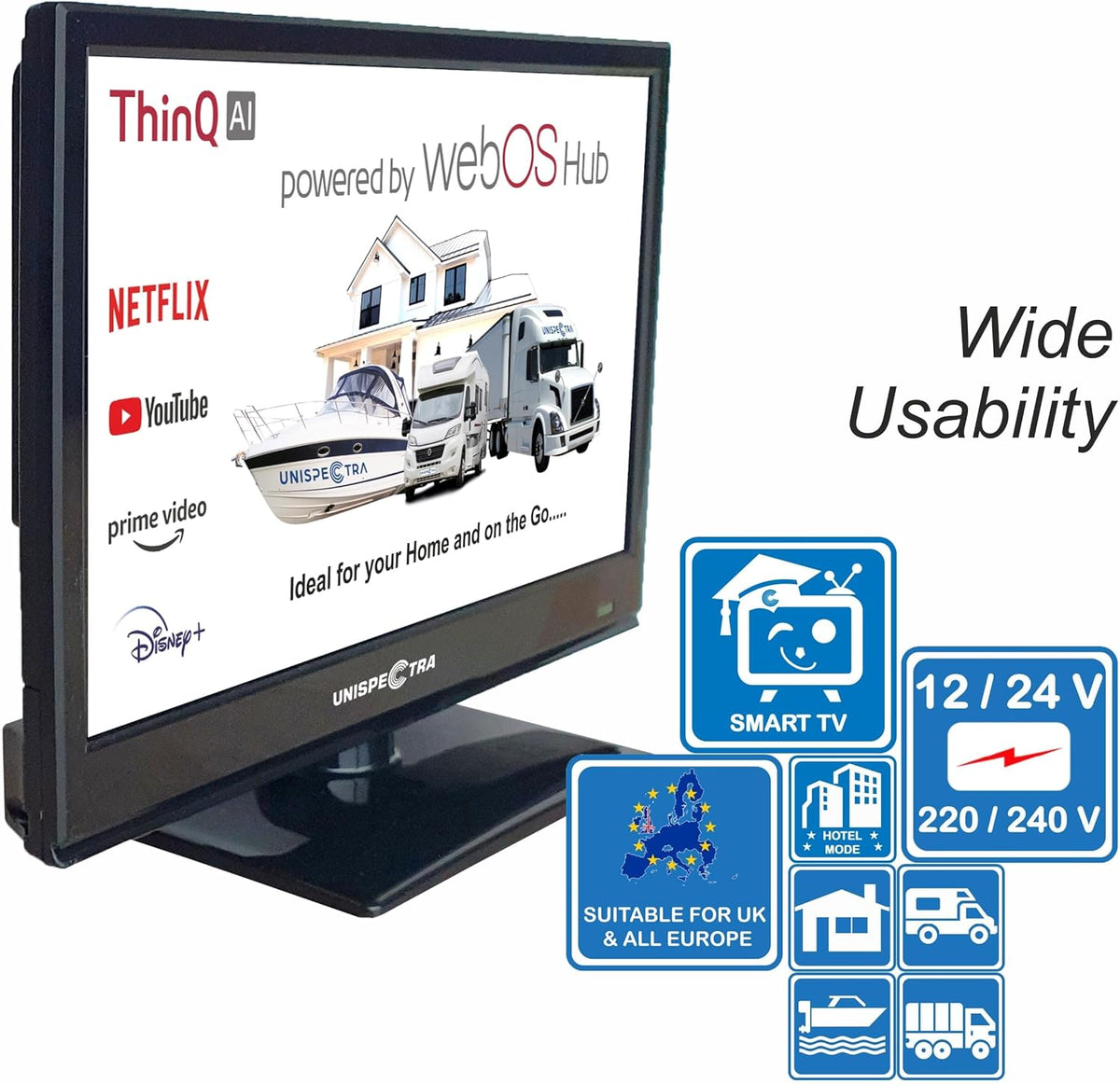 Smart TV Unispectra® de 16” (webOS) Full HD 230V 24V, triple sintonizador: satélite, antena, televisión por cable, 3xHDMI, 2xUSB, Magic Remote. Televisor de 12V para autocaravanas, caravanas, camiones, furgonetas y barcos.