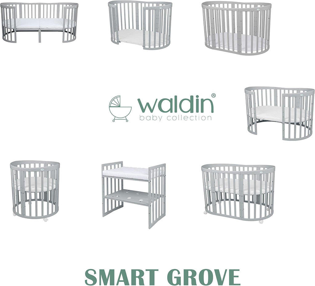 Cuna ovalada evolutiva Waldin, set completo 7 en 1, cuna de barrotes, cama infantil con colchón, cambiador, cuna colecho, madera blanca