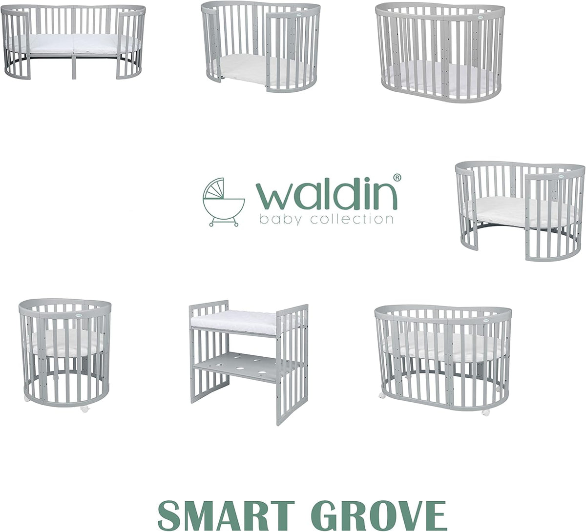 Cuna ovalada evolutiva Waldin, set completo 7 en 1, cuna de barrotes, cama infantil con colchón, cambiador, cuna colecho, madera blanca
