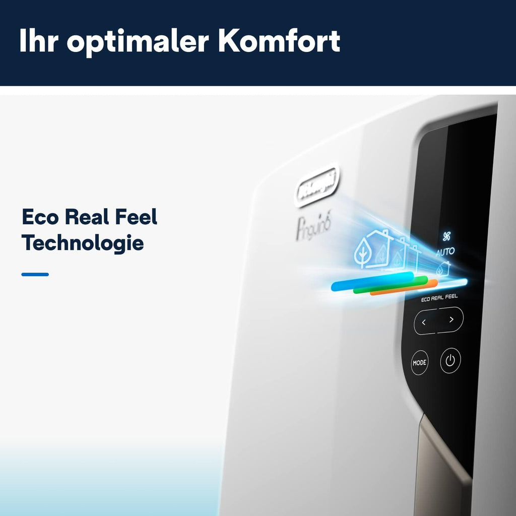 De'Longhi Pinguino PAC EM82, aire acondicionado portátil para habitaciones de hasta 80 m³, 9.400 BTU, 2,4 kW, 63 dB, función de deshumidificación, clase energética A, temporizador 24 h, blanco