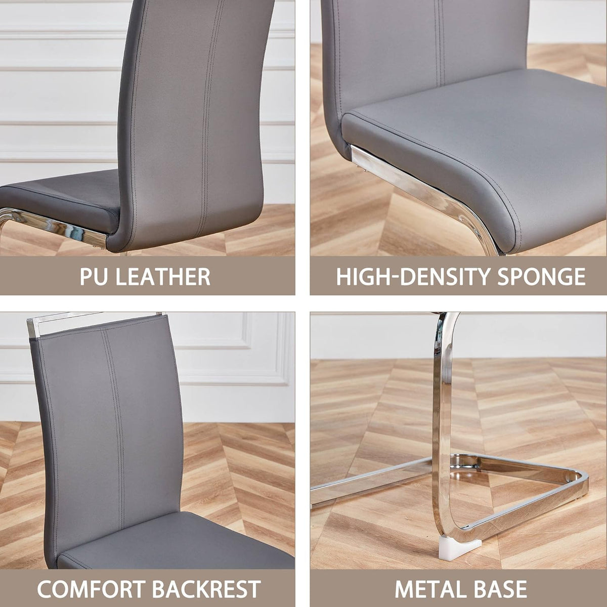 Juego de 4 sillas cantilever Merax, sillas de comedor con piel sintética PU y respaldo alto, estructura de metal cromado, silla de cocina moderna, silla tapizada para sala de estar y sala de conferencias, gris